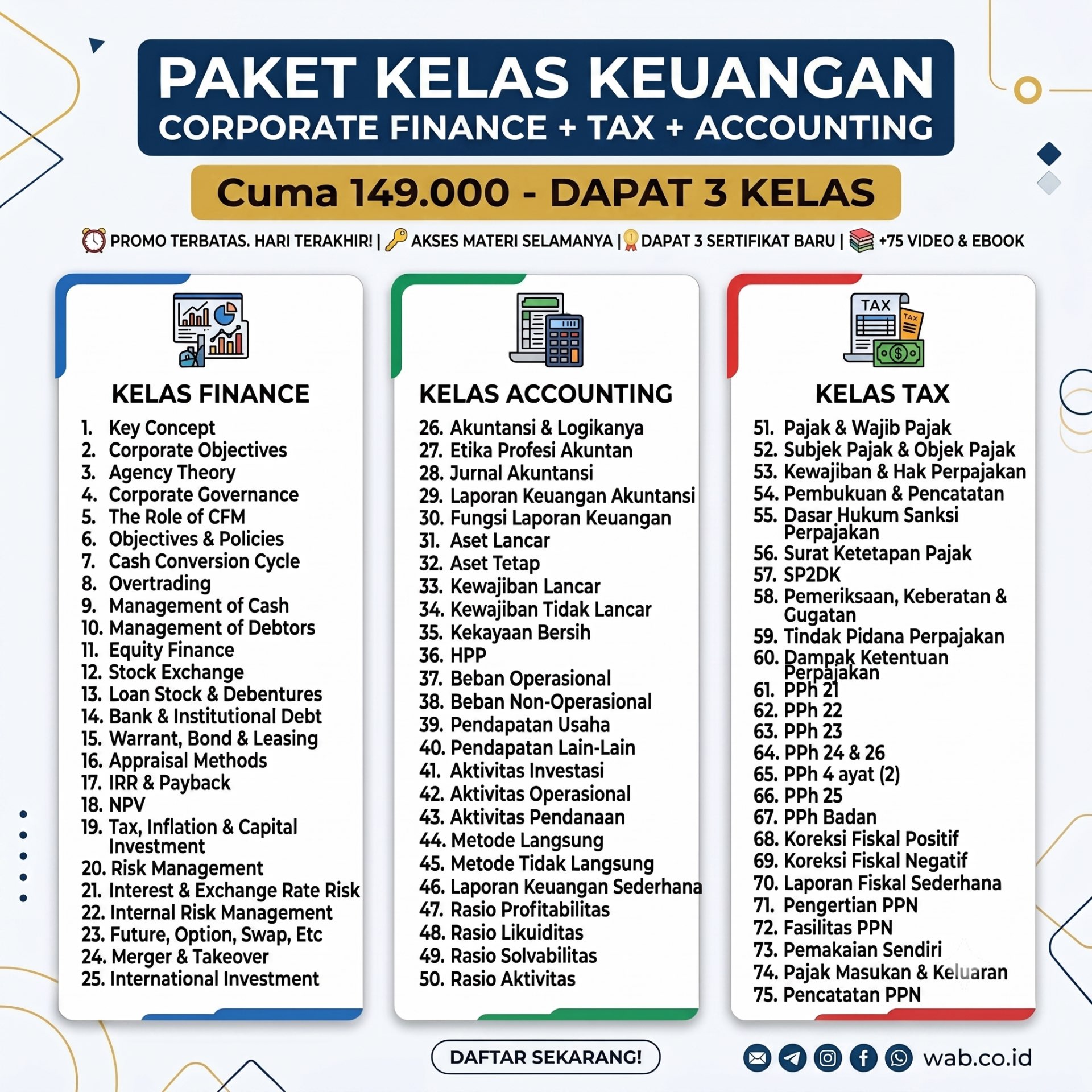 Sampul kelas Kelas Keuangan (Corporate Finance, Accounting & Tax)
